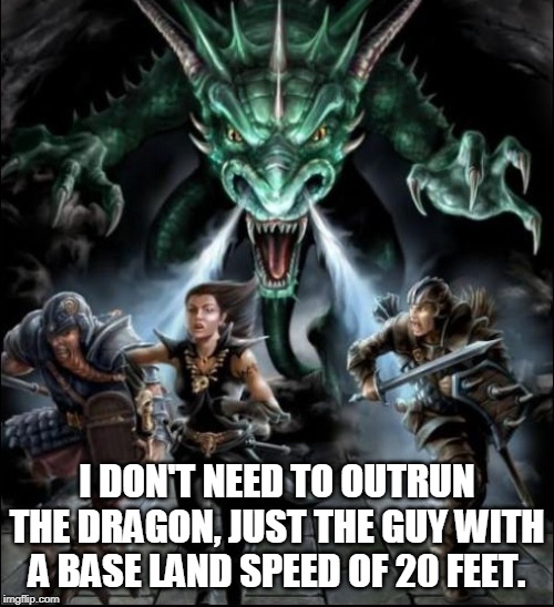 Like an angry flying tank with teeth, claws, and a flame thrower. | I DON'T NEED TO OUTRUN THE DRAGON, JUST THE GUY WITH A BASE LAND SPEED OF 20 FEET. | image tagged in dd angry dragon | made w/ Imgflip meme maker