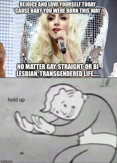 Does anyone else see the irony here | REJOICE AND LOVE YOURSELF TODAY
'CAUSE BABY YOU WERE BORN THIS WAY; NO MATTER GAY, STRAIGHT, OR BI
LESBIAN, TRANSGENDERED LIFE..... | image tagged in lady gaga,fallout hold up,lgbtq | made w/ Imgflip meme maker