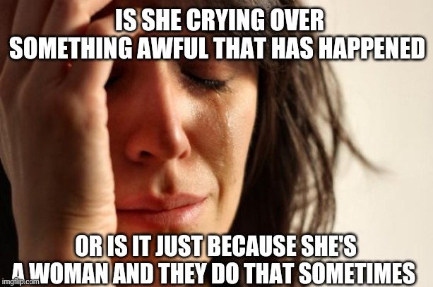 Seriously,We Don't Know | IS SHE CRYING OVER SOMETHING AWFUL THAT HAS HAPPENED; OR IS IT JUST BECAUSE SHE'S A WOMAN AND THEY DO THAT SOMETIMES | image tagged in memes,first world problems | made w/ Imgflip meme maker