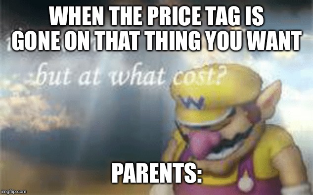 I've won but at what cost? | WHEN THE PRICE TAG IS GONE ON THAT THING YOU WANT; PARENTS: | image tagged in i've won but at what cost | made w/ Imgflip meme maker