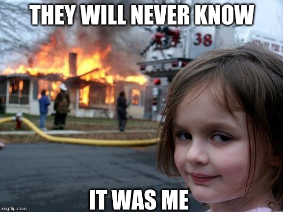 Disaster Girl | THEY WILL NEVER KNOW; IT WAS ME | image tagged in memes,disaster girl | made w/ Imgflip meme maker