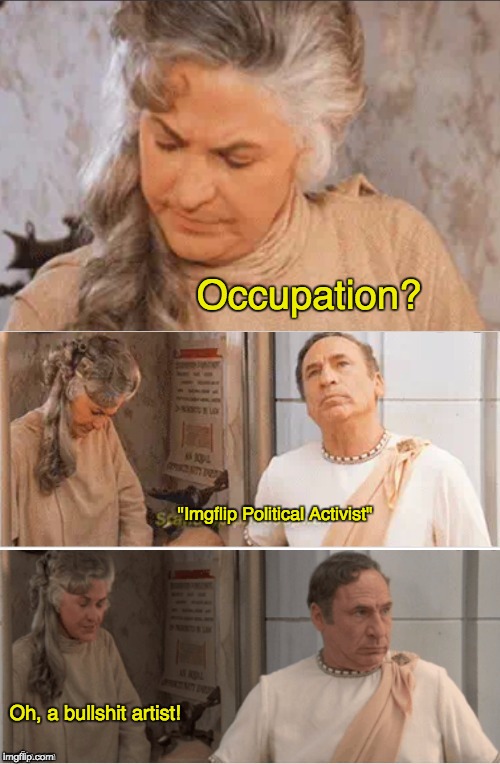 Occupation? "Imgflip Political Activist"; Oh, a bullshit artist! | image tagged in mel brooks,history of the world,bullshit,politics | made w/ Imgflip meme maker