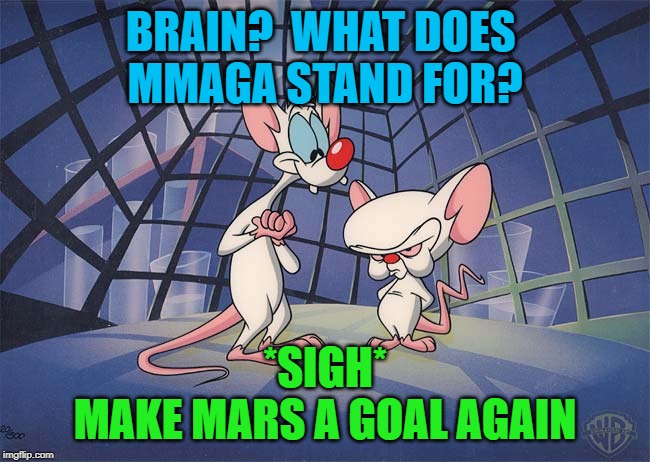 pinky and the brain | BRAIN?  WHAT DOES 
MMAGA STAND FOR? *SIGH*
MAKE MARS A GOAL AGAIN | image tagged in pinky and the brain | made w/ Imgflip meme maker
