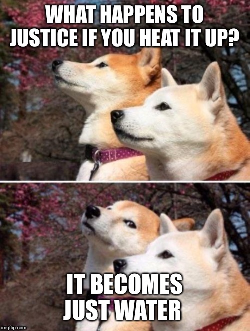 shiba bad joke | WHAT HAPPENS TO JUSTICE IF YOU HEAT IT UP? IT BECOMES JUST WATER | image tagged in shiba bad joke | made w/ Imgflip meme maker