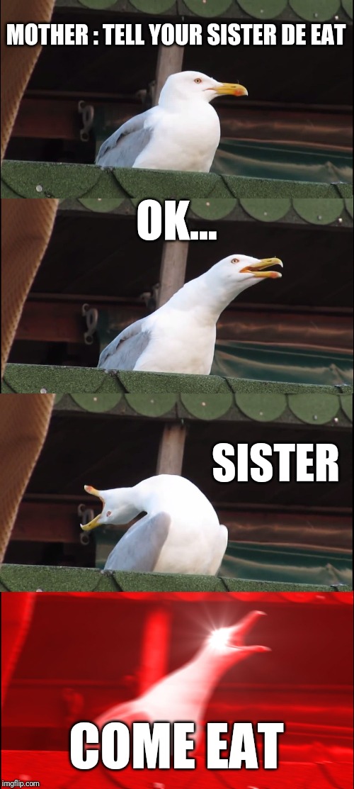 Inhaling Seagull | MOTHER : TELL YOUR SISTER DE EAT; OK... SISTER; COME EAT | image tagged in memes,inhaling seagull | made w/ Imgflip meme maker