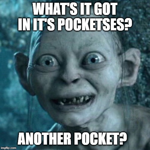 Gollum Meme | WHAT'S IT GOT IN IT'S POCKETSES? ANOTHER POCKET? | image tagged in memes,gollum | made w/ Imgflip meme maker