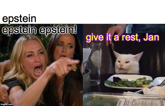 Woman Yelling At Cat Meme | epstein epstein epstein! give it a rest, Jan | image tagged in memes,woman yelling at cat | made w/ Imgflip meme maker