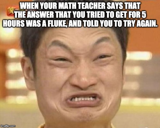 Impossibru Guy Original | WHEN YOUR MATH TEACHER SAYS THAT THE ANSWER THAT YOU TRIED TO GET FOR 5 HOURS WAS A FLUKE, AND TOLD YOU TO TRY AGAIN. | image tagged in memes,impossibru guy original | made w/ Imgflip meme maker