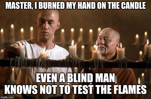 You are responsible for your level of risk | MASTER, I BURNED MY HAND ON THE CANDLE; EVEN A BLIND MAN KNOWS NOT TO TEST THE FLAMES | image tagged in kung fu grasshopper,never test the flames,you are responsible for your level of risk,think then act,somethings will burn you | made w/ Imgflip meme maker