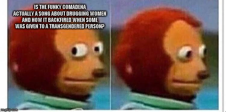 Maybe | IS THE FUNKY COMADENA ACTUALLY A SONG ABOUT DRUGGING WOMEN AND HOW IT BACKFIRED WHEN SOME WAS GIVEN TO A TRANSGENDERED PERSON? | image tagged in awkward muppet | made w/ Imgflip meme maker