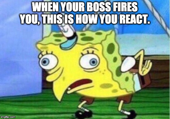 Mocking Spongebob | WHEN YOUR BOSS FIRES YOU, THIS IS HOW YOU REACT. | image tagged in memes,mocking spongebob | made w/ Imgflip meme maker