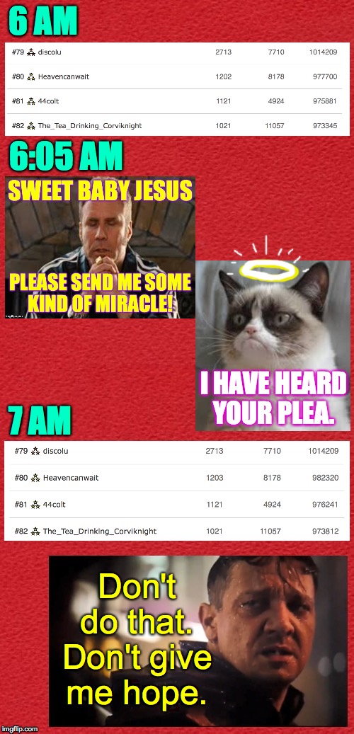 It's a Friday morning miracle! Race to one million points! A 44colt vs Heavencanwait event. Nov. 16 until...whenever ( : | 6 AM; 6:05 AM; I HAVE HEARD
YOUR PLEA. 7 AM; Don't
do that.
Don't give
me hope. | image tagged in memes,miracles,race to one million points,heavencanwait,44colt | made w/ Imgflip meme maker