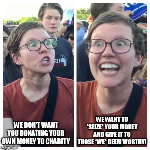 Social Justice Warrior Hypocrisy | WE DON'T WANT YOU DONATING YOUR OWN MONEY TO CHARITY WE WANT TO *SEIZE* YOUR MONEY AND GIVE IT TO THOSE *WE* DEEM WORTHY! | image tagged in social justice warrior hypocrisy | made w/ Imgflip meme maker