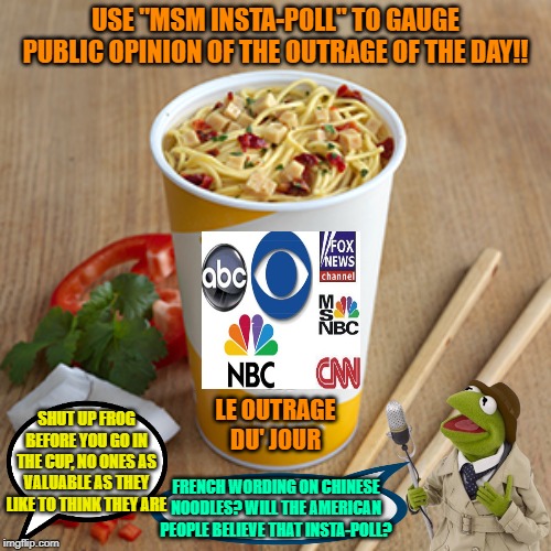 MSM insta-poll | USE "MSM INSTA-POLL" TO GAUGE PUBLIC OPINION OF THE OUTRAGE OF THE DAY!! LE OUTRAGE DU' JOUR; SHUT UP FROG BEFORE YOU GO IN THE CUP, NO ONES AS VALUABLE AS THEY LIKE TO THINK THEY ARE; FRENCH WORDING ON CHINESE NOODLES? WILL THE AMERICAN PEOPLE BELIEVE THAT INSTA-POLL? | image tagged in cnn fake news,fake news,trump 2020,maga,ramen | made w/ Imgflip meme maker
