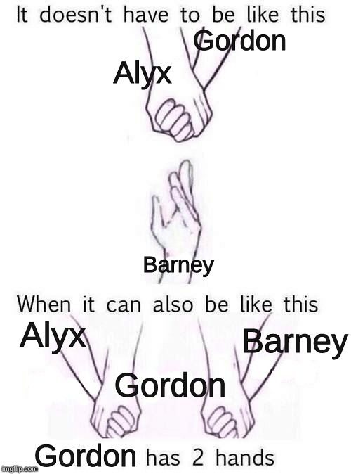 Two Hands | Gordon; Alyx; Barney; Alyx; Barney; Gordon; Gordon | image tagged in two hands | made w/ Imgflip meme maker
