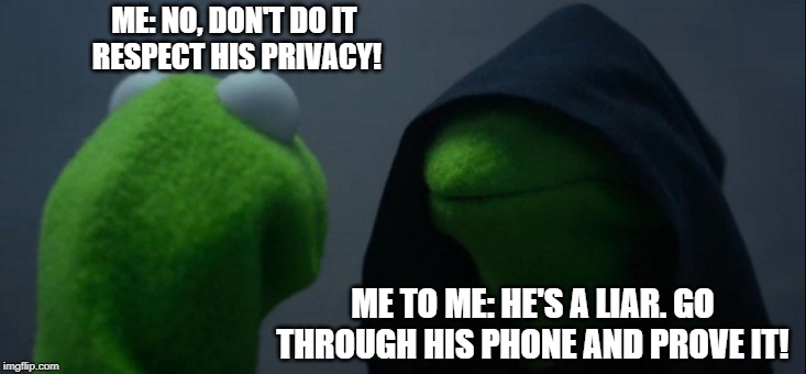 Evil Kermit Meme | ME: NO, DON'T DO IT 
RESPECT HIS PRIVACY! ME TO ME: HE'S A LIAR. GO THROUGH HIS PHONE AND PROVE IT! | image tagged in memes,evil kermit | made w/ Imgflip meme maker