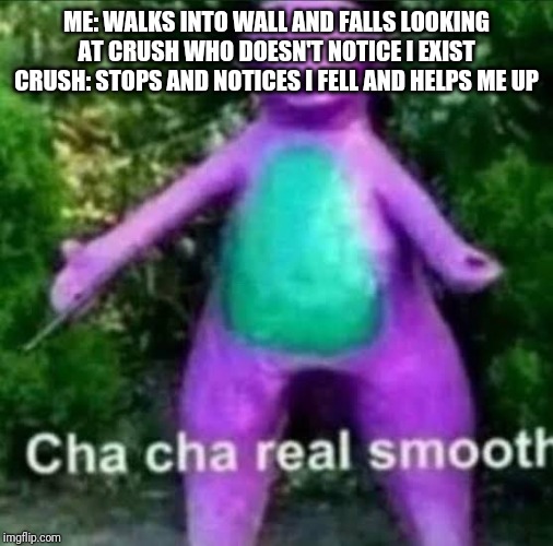 cha cha real smooth | ME: WALKS INTO WALL AND FALLS LOOKING AT CRUSH WHO DOESN'T NOTICE I EXIST
CRUSH: STOPS AND NOTICES I FELL AND HELPS ME UP | image tagged in cha cha real smooth | made w/ Imgflip meme maker
