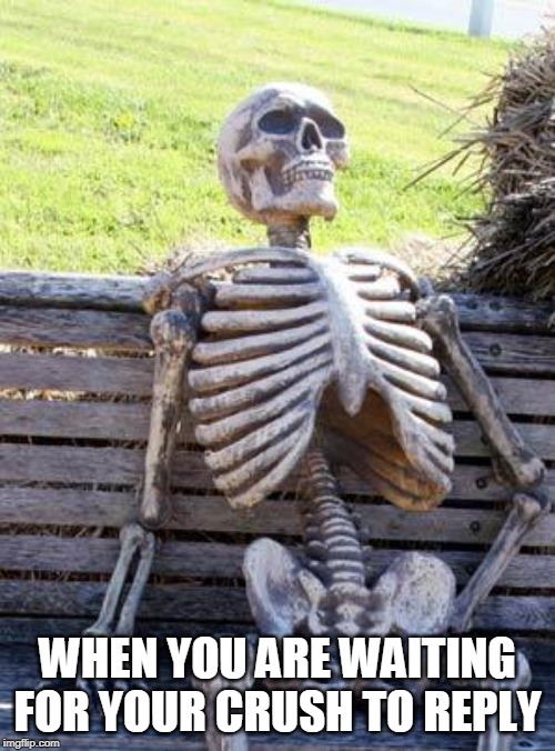 Waiting Skeleton | WHEN YOU ARE WAITING FOR YOUR CRUSH TO REPLY | image tagged in memes,waiting skeleton | made w/ Imgflip meme maker
