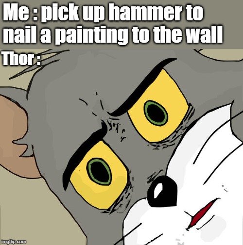 Hammer Tom Meme | Me : pick up hammer to nail a painting to the wall; Thor : | image tagged in memes,unsettled tom | made w/ Imgflip meme maker