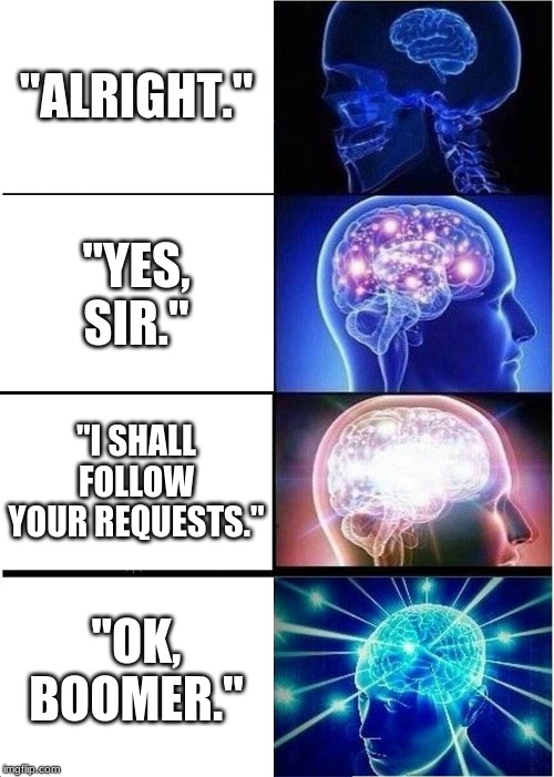 Expanding Brain | "ALRIGHT."; "YES, SIR."; "I SHALL FOLLOW YOUR REQUESTS."; "OK, BOOMER." | image tagged in memes,expanding brain,ok boomer,baby boomers | made w/ Imgflip meme maker