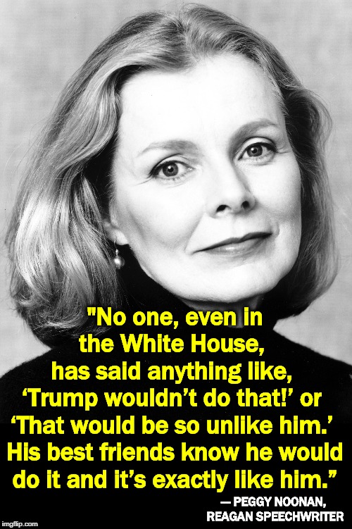 What? Cheat? | "No one, even in the White House, 
has said anything like, 
‘Trump wouldn’t do that!’ or 
‘That would be so unlike him.’ 
His best friends know he would do it and it’s exactly like him.”; --- PEGGY NOONAN, 
REAGAN SPEECHWRITER | image tagged in peggy noonan,trump,reagan,impeachment,guilty | made w/ Imgflip meme maker