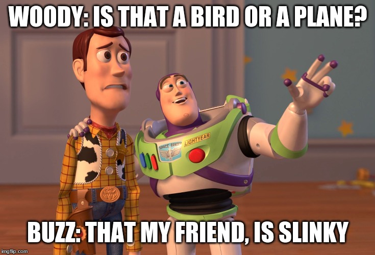 X, X Everywhere | WOODY: IS THAT A BIRD OR A PLANE? BUZZ: THAT MY FRIEND, IS SLINKY | image tagged in memes,x x everywhere | made w/ Imgflip meme maker
