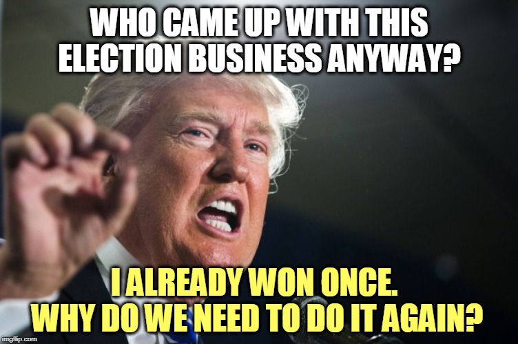 Elections are very over-rated. | WHO CAME UP WITH THIS ELECTION BUSINESS ANYWAY? I ALREADY WON ONCE. 
WHY DO WE NEED TO DO IT AGAIN? | image tagged in donald trump,elections,democracy,president for life | made w/ Imgflip meme maker