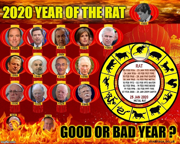 Year of the Rat 2020 | 2020 YEAR OF THE RAT; GOOD OR BAD YEAR ? | image tagged in adam schiff,prince andrew,jfk,astrology | made w/ Imgflip meme maker