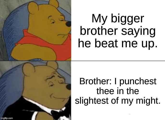 Tuxedo Winnie The Pooh | My bigger brother saying he beat me up. Brother: I punchest thee in the slightest of my might. | image tagged in memes,tuxedo winnie the pooh | made w/ Imgflip meme maker
