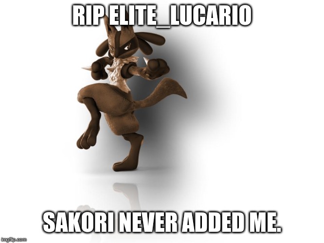 maverick lucario | RIP ELITE_LUCARIO SAKORI NEVER ADDED ME. | image tagged in maverick lucario | made w/ Imgflip meme maker