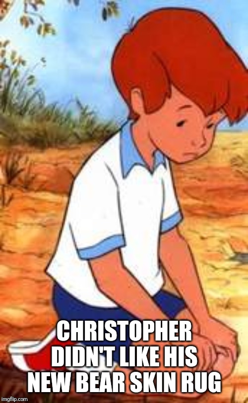 Christopher Robin | CHRISTOPHER DIDN'T LIKE HIS NEW BEAR SKIN RUG | image tagged in christopher robin | made w/ Imgflip meme maker