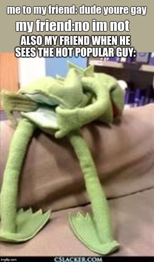 Gay kermit | my friend:no im not; me to my friend: dude youre gay; ALSO MY FRIEND WHEN HE SEES THE HOT POPULAR GUY: | image tagged in gay kermit | made w/ Imgflip meme maker