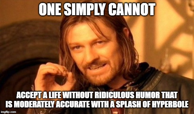 One Does Not Simply Meme | ONE SIMPLY CANNOT ACCEPT A LIFE WITHOUT RIDICULOUS HUMOR THAT IS MODERATELY ACCURATE WITH A SPLASH OF HYPERBOLE | image tagged in memes,one does not simply | made w/ Imgflip meme maker
