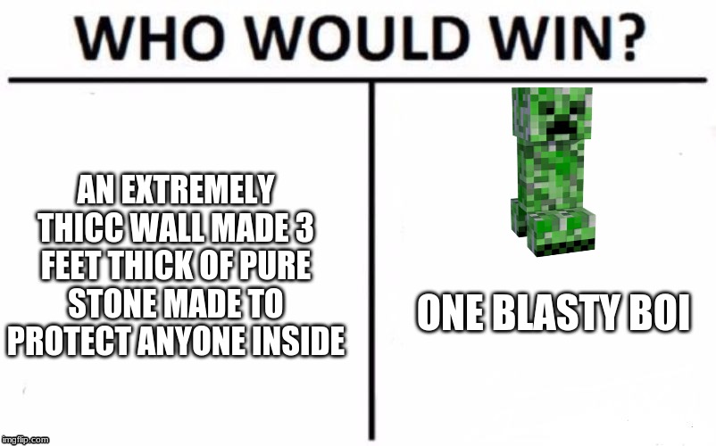 Blasty boi | AN EXTREMELY THICC WALL MADE 3 FEET THICK OF PURE STONE MADE TO PROTECT ANYONE INSIDE; ONE BLASTY BOI | image tagged in memes,who would win | made w/ Imgflip meme maker