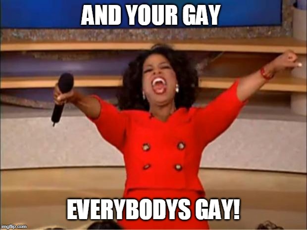 Oprah You Get A Meme | AND YOUR GAY; EVERYBODYS GAY! | image tagged in memes,oprah you get a | made w/ Imgflip meme maker
