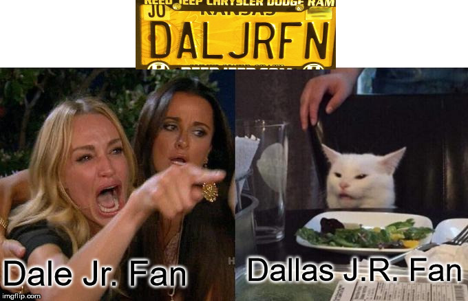 DALJRFN | Dallas J.R. Fan; Dale Jr. Fan | image tagged in memes,woman yelling at cat | made w/ Imgflip meme maker