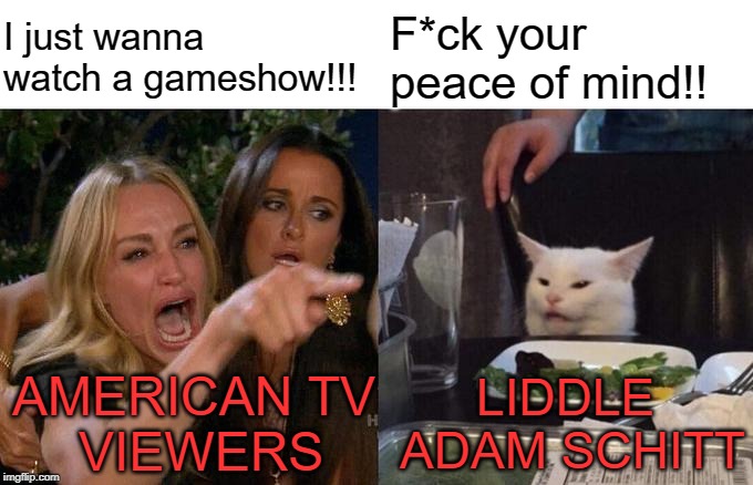 TPIR and LMAD fans are pissed off! | I just wanna watch a gameshow!!! F*ck your peace of mind!! AMERICAN TV
 VIEWERS; LIDDLE 
ADAM SCHITT | image tagged in memes,woman yelling at cat | made w/ Imgflip meme maker