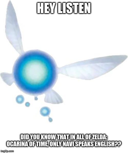 Navi | HEY LISTEN; DID YOU KNOW THAT IN ALL OF ZELDA: OCARINA OF TIME, ONLY NAVI SPEAKS ENGLISH?? | image tagged in navi | made w/ Imgflip meme maker