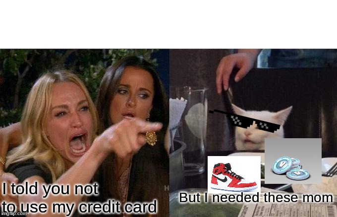 Woman Yelling At Cat | I told you not to use my credit card; But I needed these mom | image tagged in memes,woman yelling at cat | made w/ Imgflip meme maker