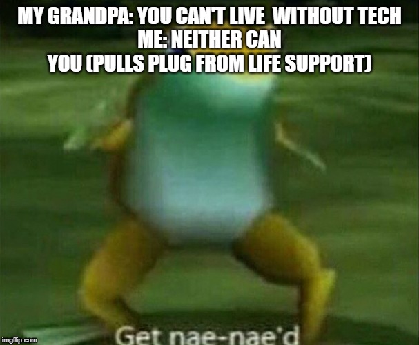Get nae-nae'd | MY GRANDPA: YOU CAN'T LIVE  WITHOUT TECH
ME: NEITHER CAN YOU (PULLS PLUG FROM LIFE SUPPORT) | image tagged in get nae-nae'd,ok boomer | made w/ Imgflip meme maker