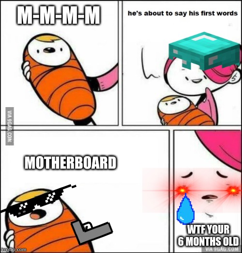 He is About to Say His First Words | M-M-M-M; MOTHERBOARD; WTF YOUR 6 MONTHS OLD | image tagged in he is about to say his first words | made w/ Imgflip meme maker