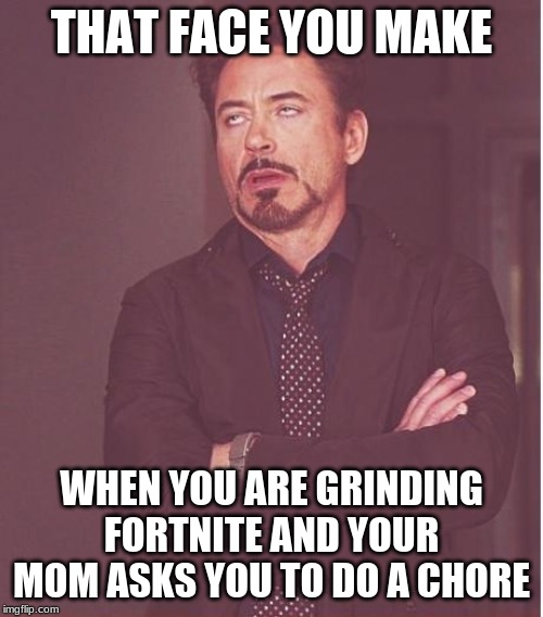 Face You Make Robert Downey Jr | THAT FACE YOU MAKE; WHEN YOU ARE GRINDING FORTNITE AND YOUR MOM ASKS YOU TO DO A CHORE | image tagged in memes,face you make robert downey jr | made w/ Imgflip meme maker