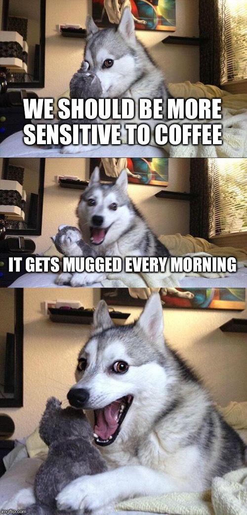 Bad Pun Dog | WE SHOULD BE MORE SENSITIVE TO COFFEE; IT GETS MUGGED EVERY MORNING | image tagged in memes,bad pun dog | made w/ Imgflip meme maker