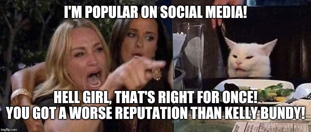 woman yelling at cat | I'M POPULAR ON SOCIAL MEDIA! HELL GIRL, THAT'S RIGHT FOR ONCE! YOU GOT A WORSE REPUTATION THAN KELLY BUNDY! | image tagged in woman yelling at cat | made w/ Imgflip meme maker