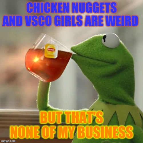 But That's None Of My Business | CHICKEN NUGGETS AND VSCO GIRLS ARE WEIRD; BUT THAT'S NONE OF MY BUSINESS | image tagged in memes,but thats none of my business,kermit the frog | made w/ Imgflip meme maker