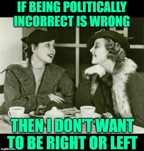 The Politically Incorrect Party | IF BEING POLITICALLY INCORRECT IS WRONG; THEN I DON'T WANT TO BE RIGHT OR LEFT | image tagged in vintage gossip,political humor,politically incorrect,sassy,political meme,political parties | made w/ Imgflip meme maker