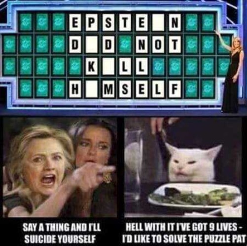 I'd like to solve the puzzle, Pat! | image tagged in smudge the cat,crooked hillary,epstein did not kill himself,jeffrey epstein,clinton deadpool,clinton corruption | made w/ Imgflip meme maker