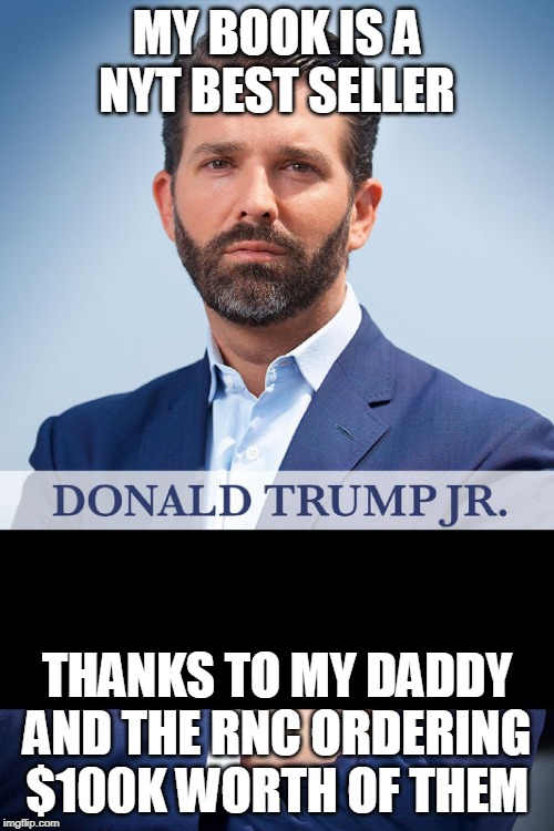 Donald Trump Jr -Triggered | MY BOOK IS A NYT BEST SELLER; THANKS TO MY DADDY AND THE RNC ORDERING $100K WORTH OF THEM | image tagged in donald trump jr -triggered | made w/ Imgflip meme maker