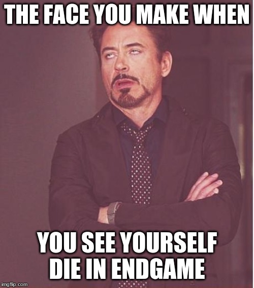Face You Make Robert Downey Jr | THE FACE YOU MAKE WHEN; YOU SEE YOURSELF DIE IN ENDGAME | image tagged in memes,face you make robert downey jr | made w/ Imgflip meme maker
