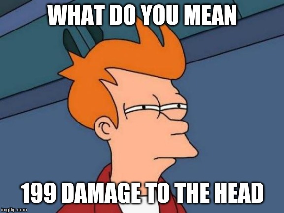 Futurama Fry | WHAT DO YOU MEAN; 199 DAMAGE TO THE HEAD | image tagged in memes,futurama fry | made w/ Imgflip meme maker